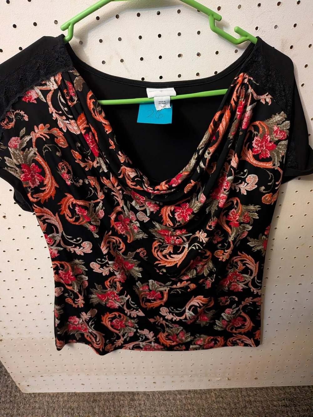 Jaclyn Smith Women's Black Floral Cowl Neck Cap Sleeve Top
